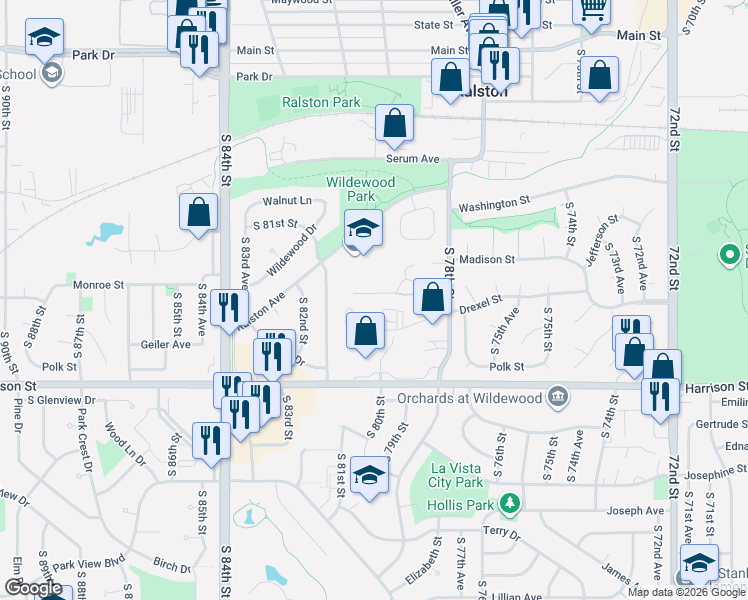 map of restaurants, bars, coffee shops, grocery stores, and more near 7920 Drexel Street in Omaha