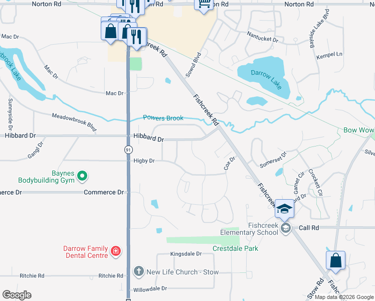 map of restaurants, bars, coffee shops, grocery stores, and more near 4684 Red Willow Drive in Stow