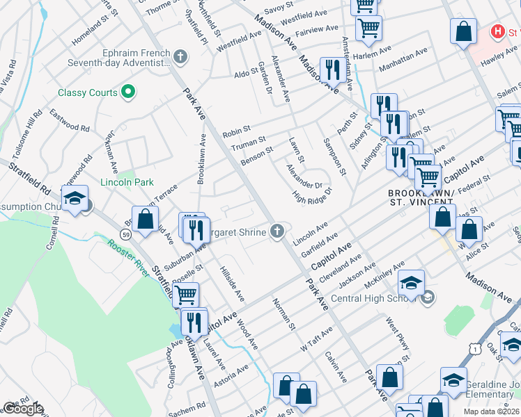 map of restaurants, bars, coffee shops, grocery stores, and more near 2625 Park Avenue in Bridgeport