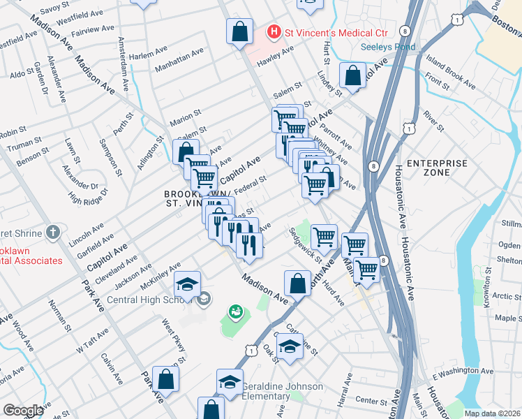 map of restaurants, bars, coffee shops, grocery stores, and more near 170 Wheeler Avenue in Bridgeport