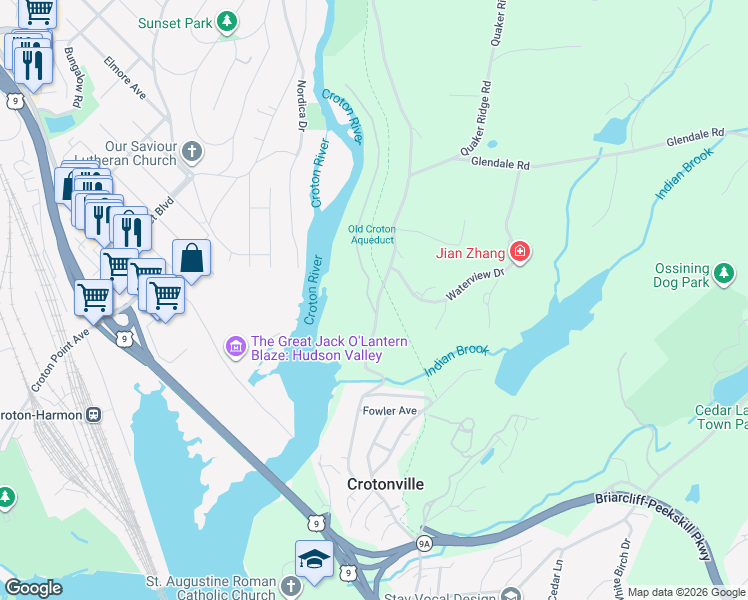 map of restaurants, bars, coffee shops, grocery stores, and more near 95 Quaker Bridge Road in Ossining