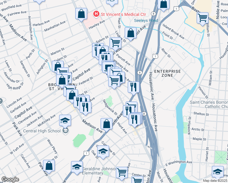 map of restaurants, bars, coffee shops, grocery stores, and more near 2251 Main Street in Bridgeport