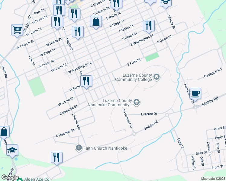 map of restaurants, bars, coffee shops, grocery stores, and more near 1242 South Prospect Street in Nanticoke