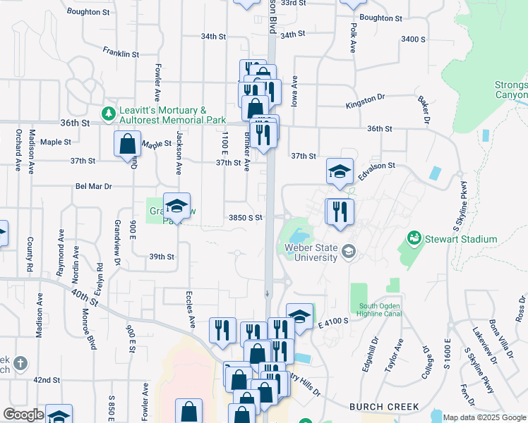 map of restaurants, bars, coffee shops, grocery stores, and more near 3860 Brinker Avenue in Ogden