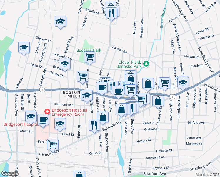 map of restaurants, bars, coffee shops, grocery stores, and more near 242 Kent Avenue in Bridgeport