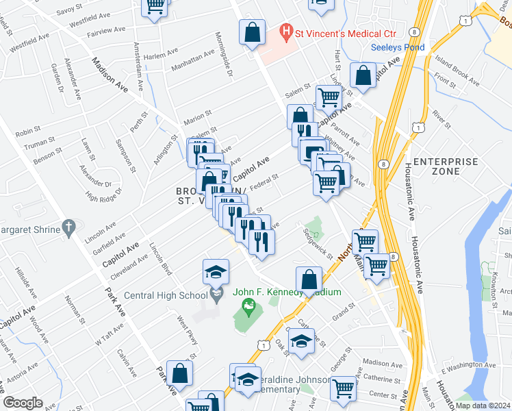 map of restaurants, bars, coffee shops, grocery stores, and more near 33 Harvard Street in Bridgeport