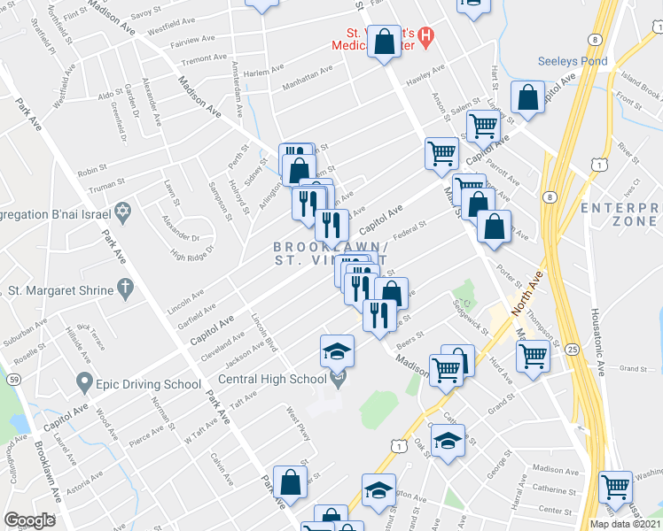 map of restaurants, bars, coffee shops, grocery stores, and more near 39 Cleveland Avenue in Bridgeport