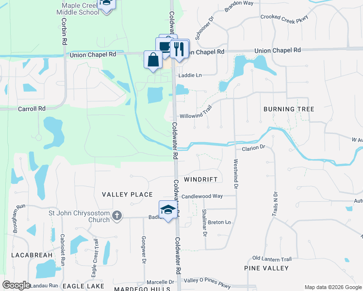 map of restaurants, bars, coffee shops, grocery stores, and more near 12000-12008 Coldwater Road in Fort Wayne