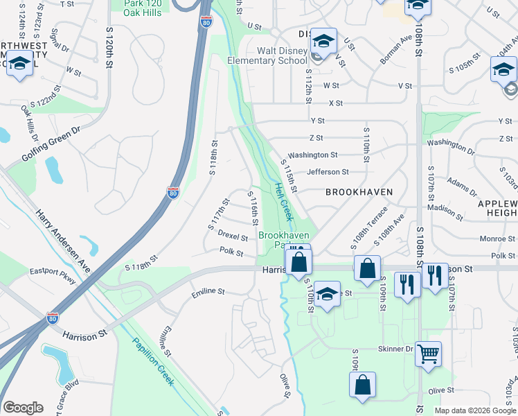 map of restaurants, bars, coffee shops, grocery stores, and more near 6571 South 116th Street in Omaha