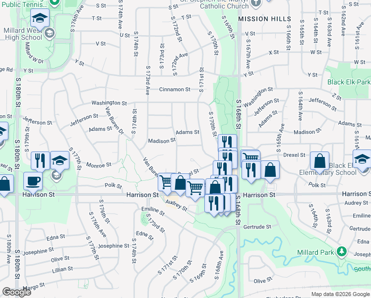 map of restaurants, bars, coffee shops, grocery stores, and more near 6613 South 171st Circle in Omaha