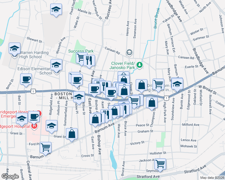 map of restaurants, bars, coffee shops, grocery stores, and more near 2115 Boston Avenue in Bridgeport