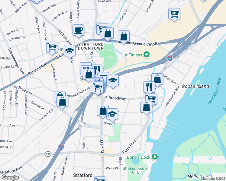 map of restaurants, bars, coffee shops, grocery stores, and more near 55 Sutton Avenue in Stratford