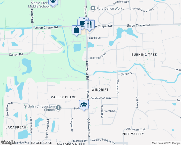 map of restaurants, bars, coffee shops, grocery stores, and more near 12008 Coldwater Road in Fort Wayne