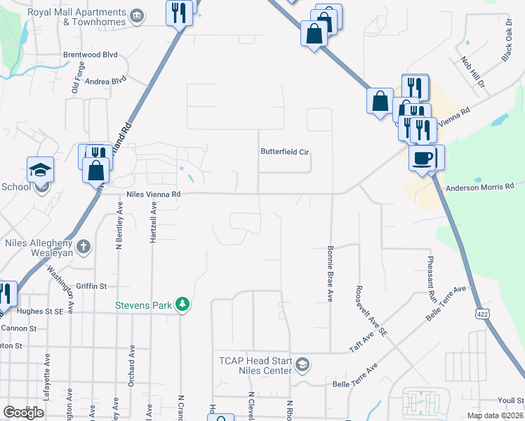 map of restaurants, bars, coffee shops, grocery stores, and more near 572 North Rhodes Avenue in Niles