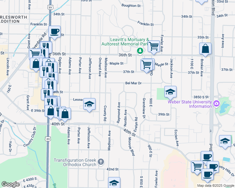 map of restaurants, bars, coffee shops, grocery stores, and more near 3809 Raymond Avenue in South Ogden