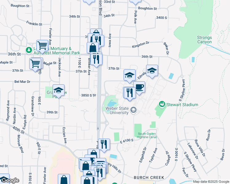 map of restaurants, bars, coffee shops, grocery stores, and more near 3850 University Circle in Ogden