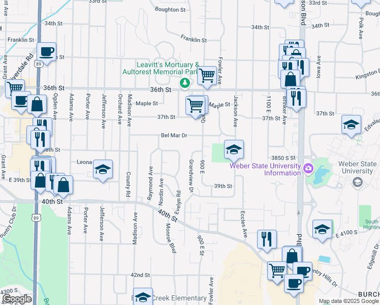 map of restaurants, bars, coffee shops, grocery stores, and more near 3848 Grandview Drive in Ogden