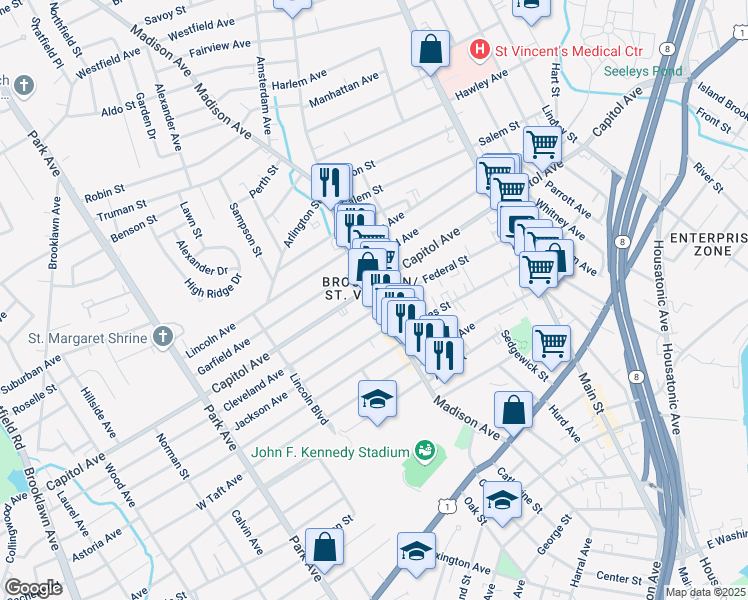 map of restaurants, bars, coffee shops, grocery stores, and more near 919 Madison Avenue in Bridgeport