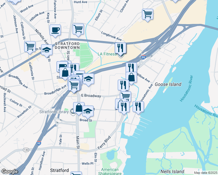 map of restaurants, bars, coffee shops, grocery stores, and more near 65 Blakeman Place in Stratford
