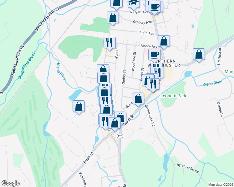 map of restaurants, bars, coffee shops, grocery stores, and more near 9 West Street in Mount Kisco