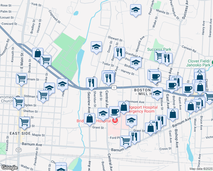 map of restaurants, bars, coffee shops, grocery stores, and more near 1425 Boston Avenue in Bridgeport