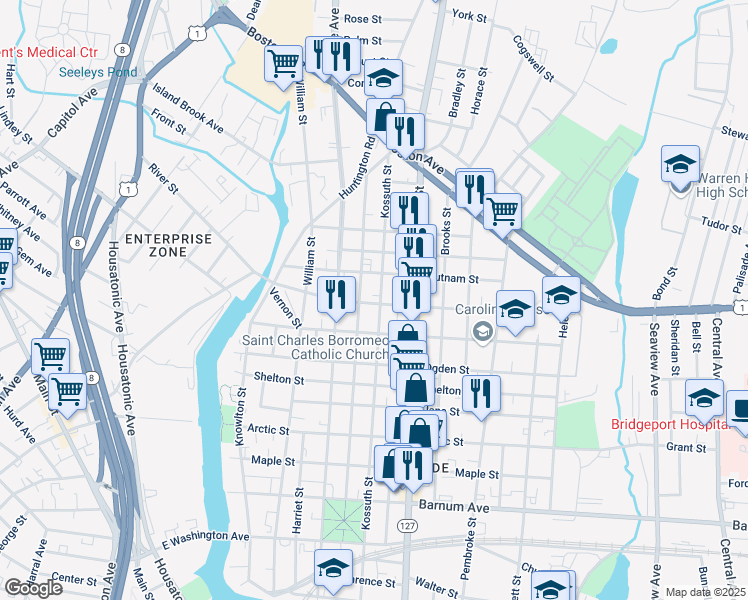 map of restaurants, bars, coffee shops, grocery stores, and more near 1066 Kossuth Street in Bridgeport