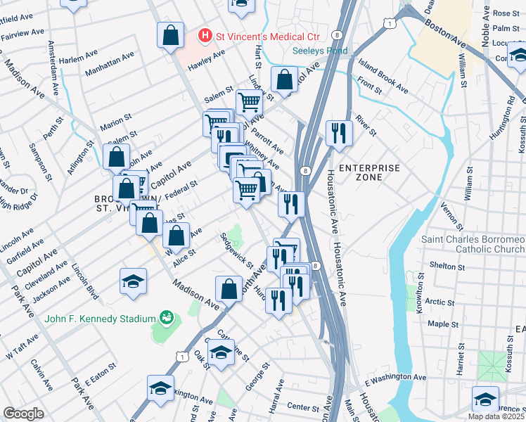 map of restaurants, bars, coffee shops, grocery stores, and more near 51 Porter Street in Bridgeport