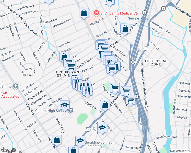 map of restaurants, bars, coffee shops, grocery stores, and more near 170 Wheeler Avenue in Bridgeport