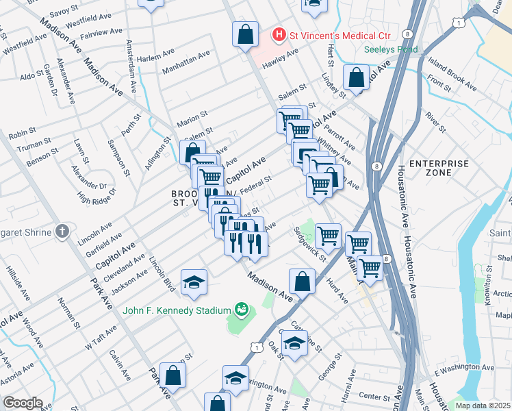 map of restaurants, bars, coffee shops, grocery stores, and more near 33 Harvard Street in Bridgeport