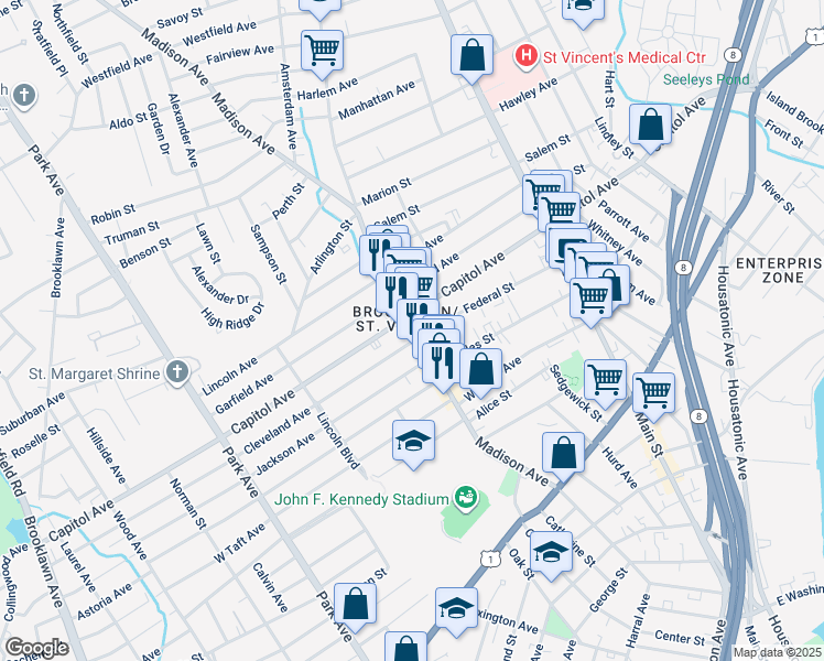 map of restaurants, bars, coffee shops, grocery stores, and more near 39 Cleveland Avenue in Bridgeport