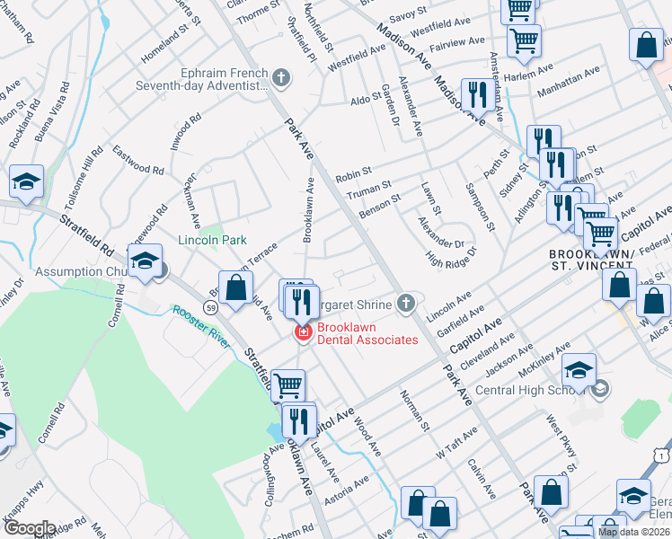 map of restaurants, bars, coffee shops, grocery stores, and more near 139 Lawrence Street in Bridgeport