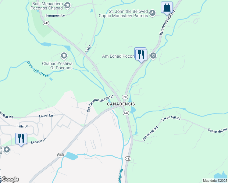 map of restaurants, bars, coffee shops, grocery stores, and more near 2436 Old Canadensis Hill Road in Cresco