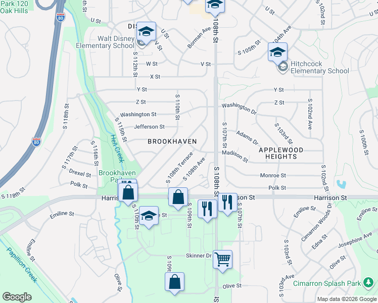 map of restaurants, bars, coffee shops, grocery stores, and more near 6527 South 108th Terrace in Omaha