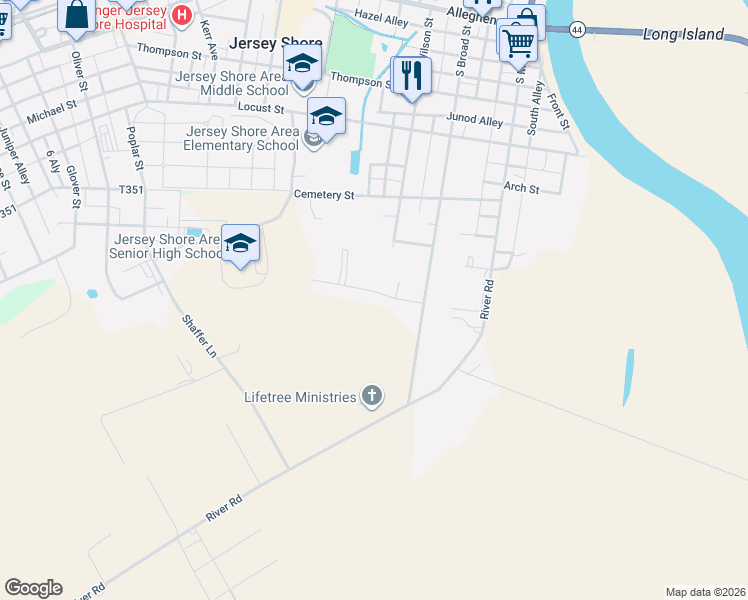 map of restaurants, bars, coffee shops, grocery stores, and more near 109 Shady Lane in Jersey Shore