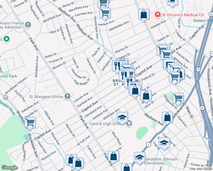 map of restaurants, bars, coffee shops, grocery stores, and more near 539 Garfield Avenue in Bridgeport