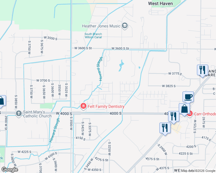 map of restaurants, bars, coffee shops, grocery stores, and more near 3318 West 3745 South in West Haven