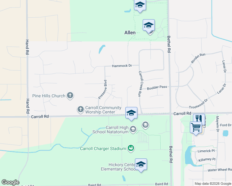 map of restaurants, bars, coffee shops, grocery stores, and more near 12208 Cross Winds Way in Fort Wayne