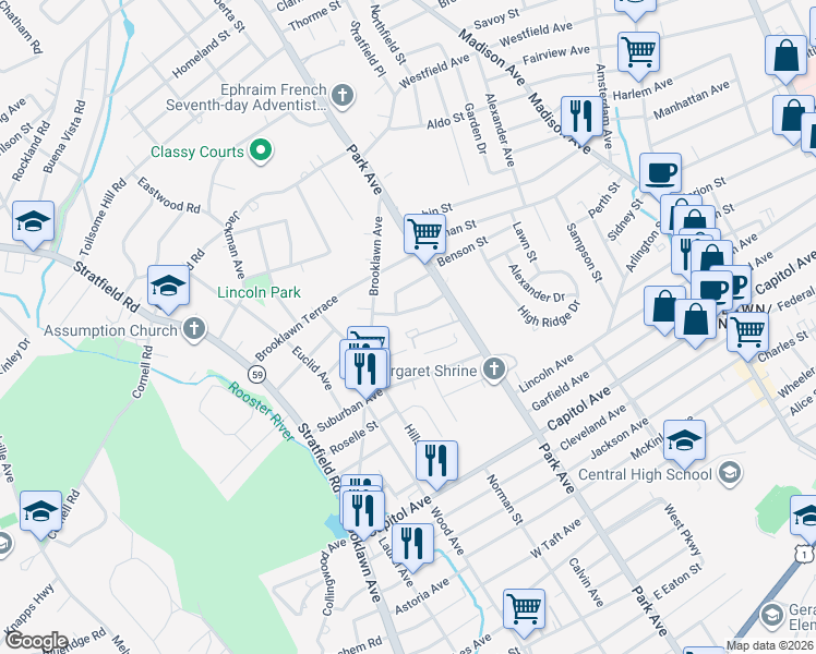 map of restaurants, bars, coffee shops, grocery stores, and more near 139 Lawrence Street in Bridgeport