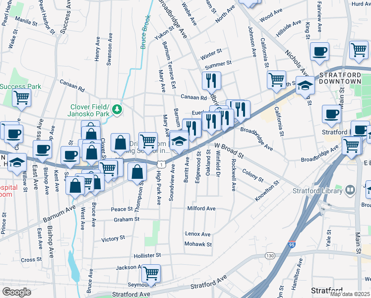 map of restaurants, bars, coffee shops, grocery stores, and more near 1895 Barnum Avenue in Stratford
