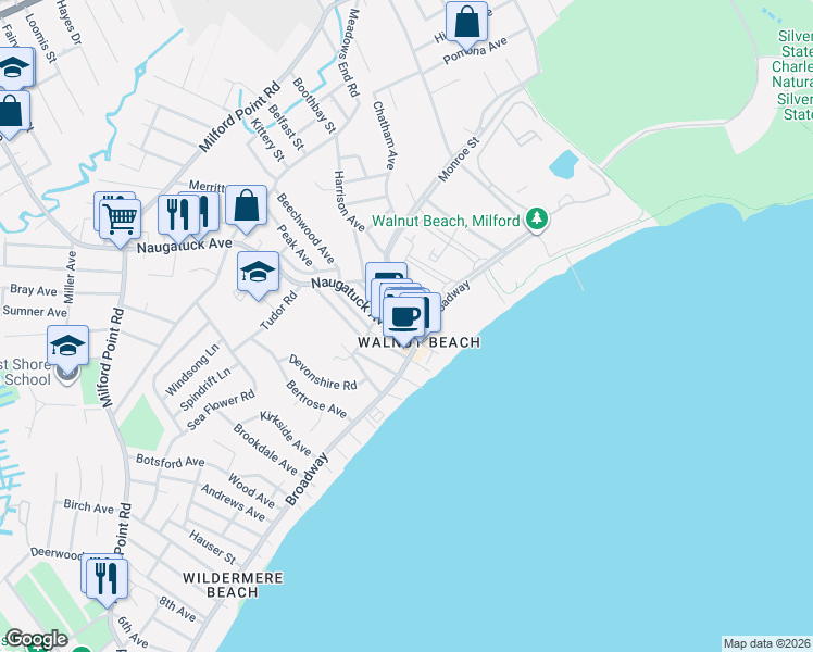map of restaurants, bars, coffee shops, grocery stores, and more near 23 Beach Shore Drive in Milford