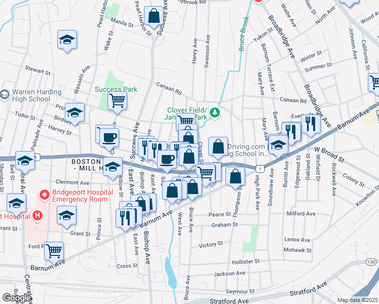 map of restaurants, bars, coffee shops, grocery stores, and more near 350 Boston Avenue in Stratford