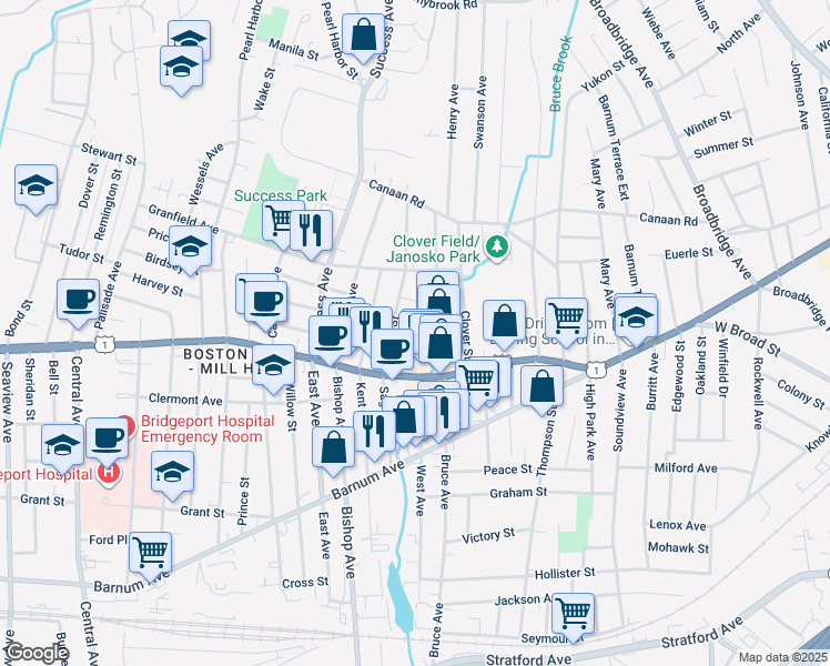 map of restaurants, bars, coffee shops, grocery stores, and more near 146 Weber Street in Bridgeport