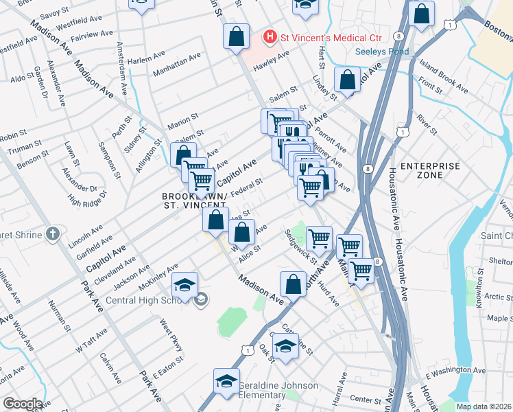 map of restaurants, bars, coffee shops, grocery stores, and more near 113 Federal Street in Bridgeport