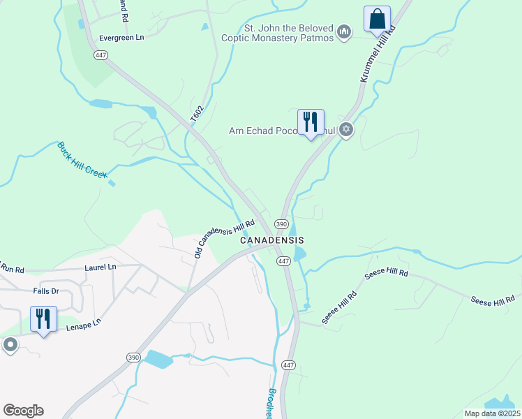 map of restaurants, bars, coffee shops, grocery stores, and more near Creek Road in Canadensis