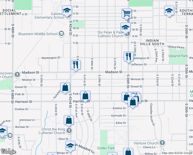 map of restaurants, bars, coffee shops, grocery stores, and more near 6255 South 40th Street in Omaha