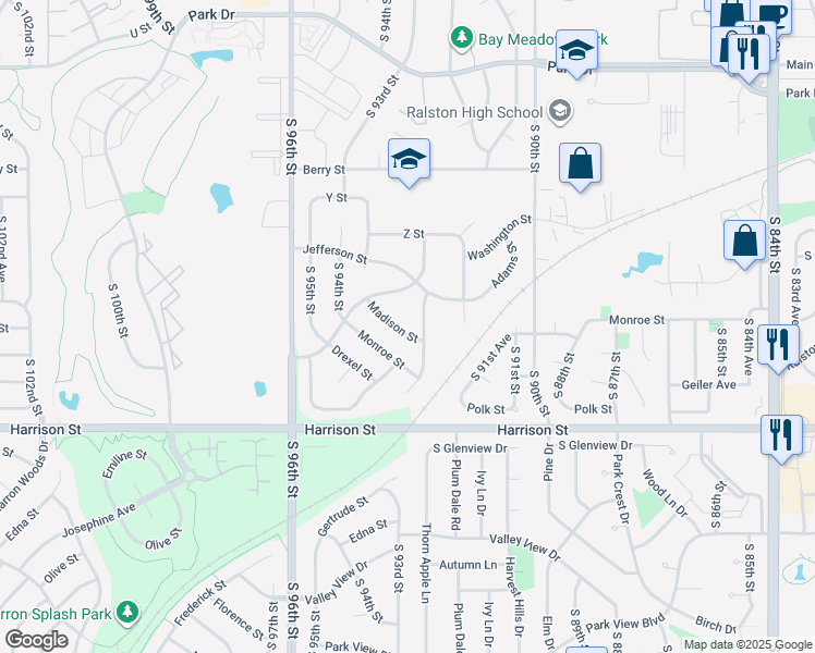 map of restaurants, bars, coffee shops, grocery stores, and more near 6408 South 92nd Street in Omaha