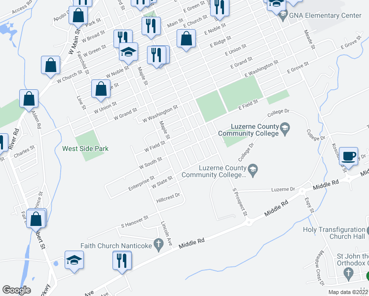 map of restaurants, bars, coffee shops, grocery stores, and more near 520 South Hanover Street in Nanticoke