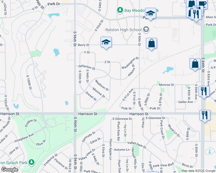 map of restaurants, bars, coffee shops, grocery stores, and more near 6408 South 92nd Street in Omaha