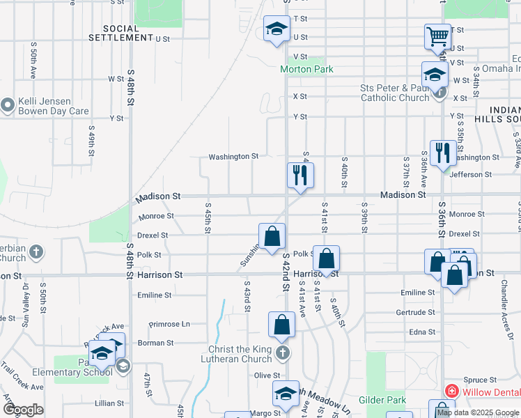 map of restaurants, bars, coffee shops, grocery stores, and more near 4240 Madison Street in Omaha