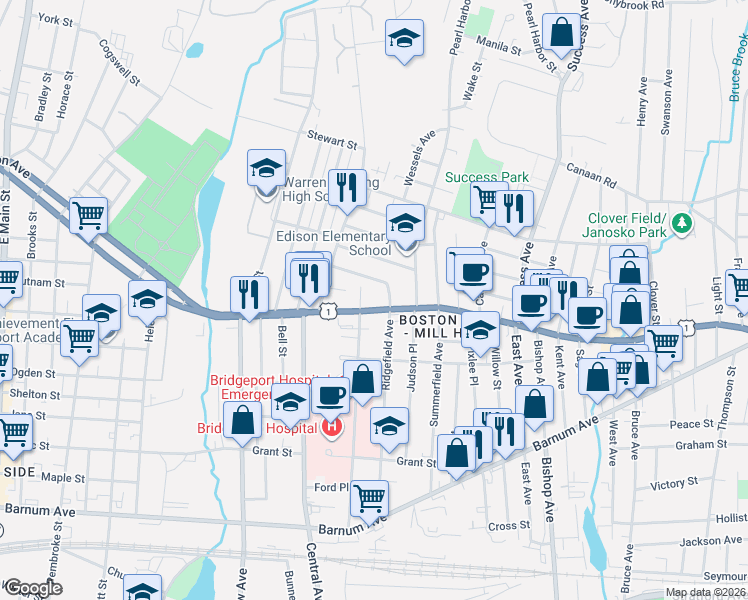 map of restaurants, bars, coffee shops, grocery stores, and more near 556 North Ridgefield Avenue in Bridgeport